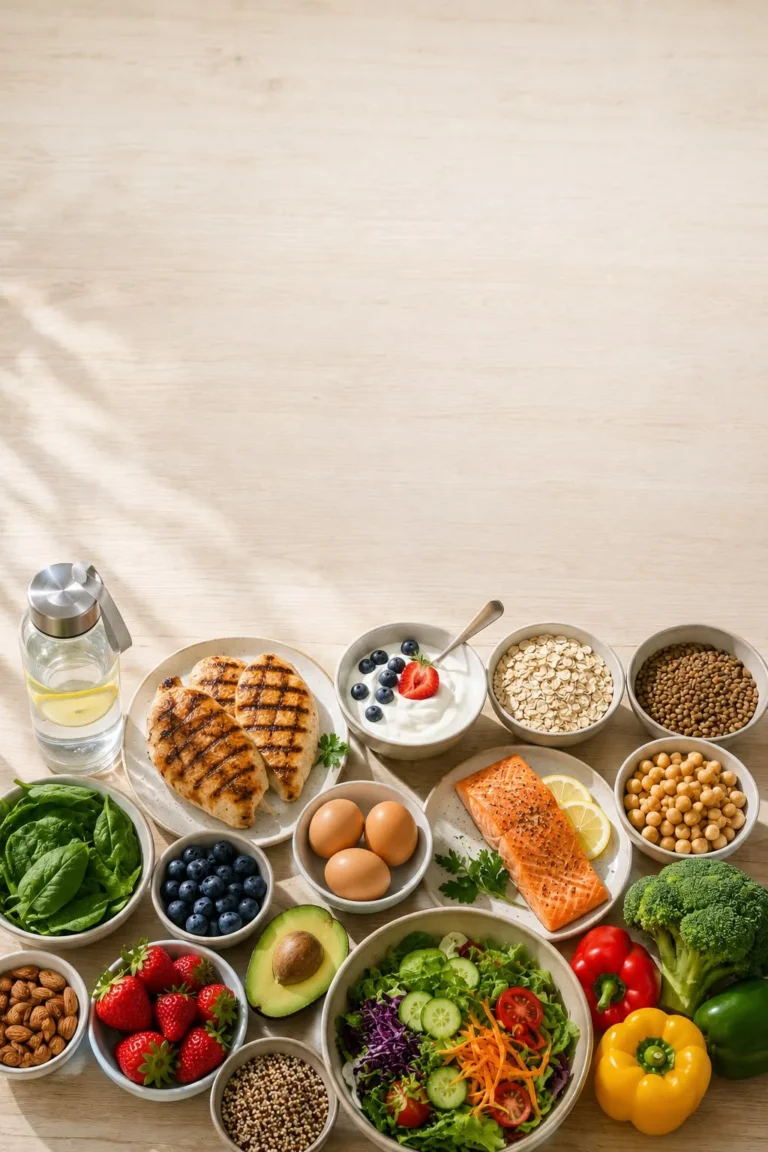 Mesa farta com prato nutritivo equilibrado, proteinas, legumes e salada