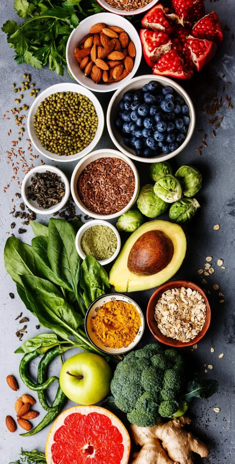 Variedade de alimentos ricos em nutrientes: frutas, graos, castanhas e vegetais